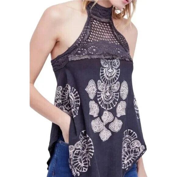 Free People Mandolin Crochet Boho Blouse Sz XS Gray High Neck Tank Top Linen - Picture 2 of 10